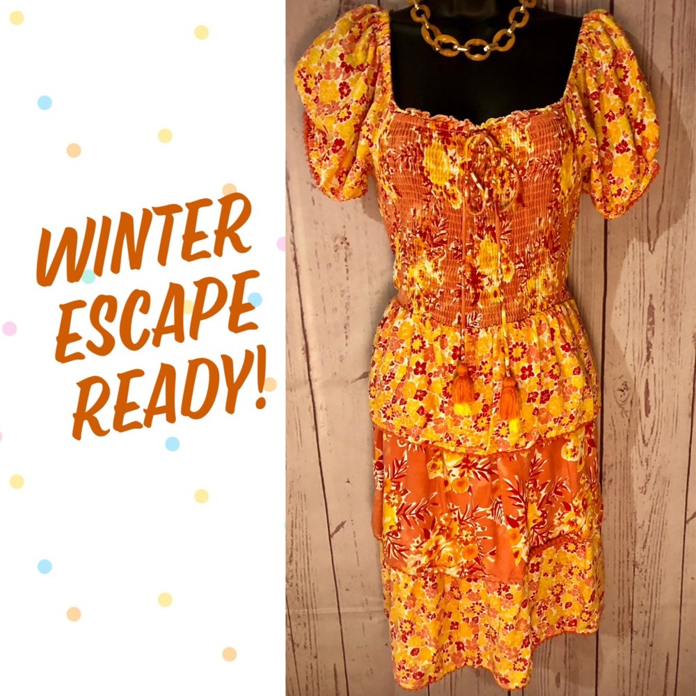 SUMMER READY!🌞Bright Dress With Pom Pom Trim & Elastic Bodice